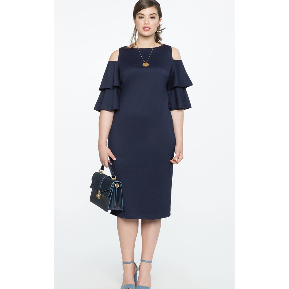 Eloquii Navy Cold-Shoulder Midi Dress